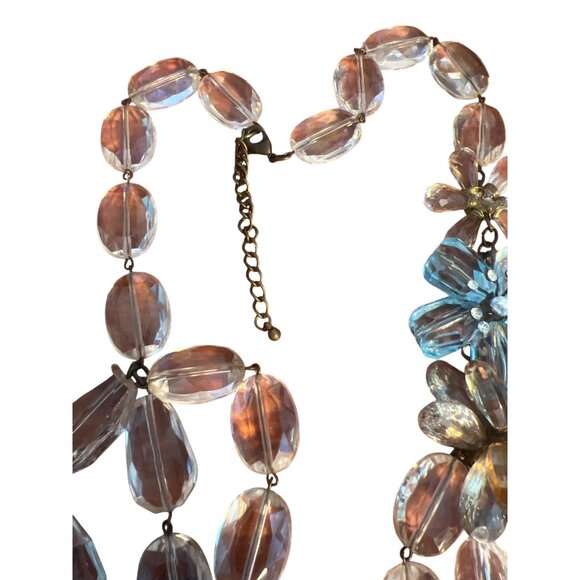 Vintage Clear & Blue Acrylic Beaded Necklace Flower Accents Estate Adj 28" - Picture 4 of 5